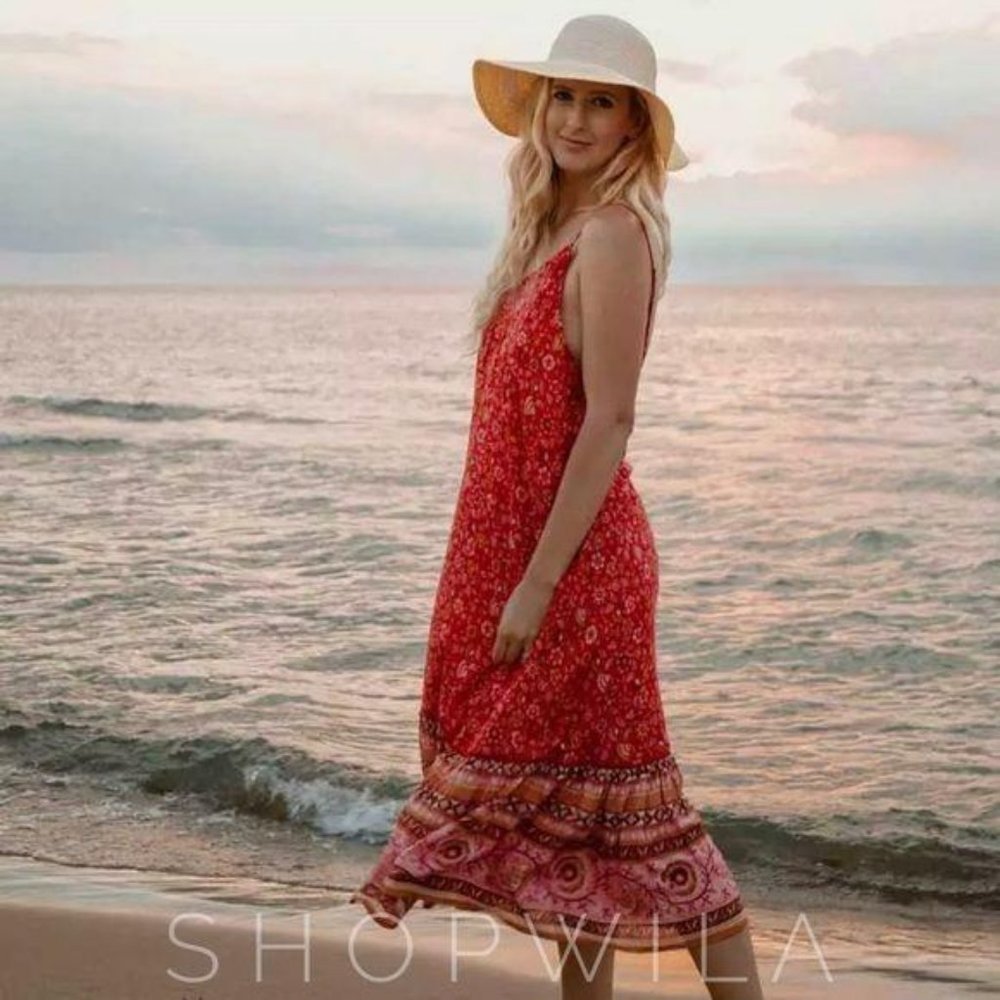 Bohemian Gypsy Vintage Floral Print Midi Dress red - Picture 2 of 5